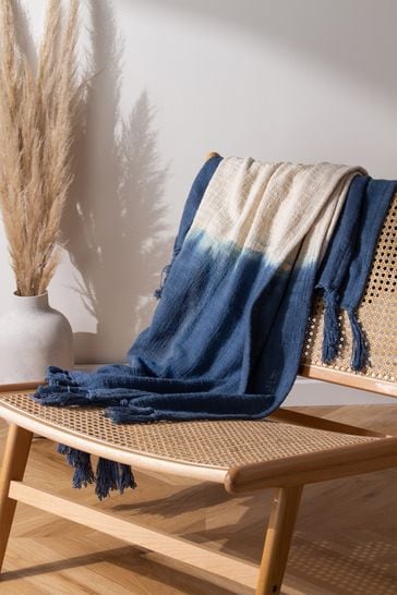 furn. Ink Blue Mizu Dip Dye Cotton Slub Fringed Throw