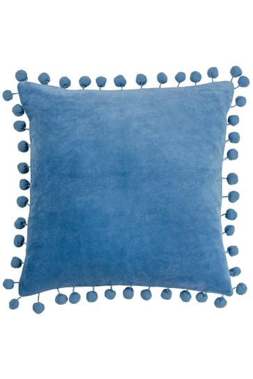 furn. Sky Blue Dora Cotton Velvet Pom-Pom Trim Cushion