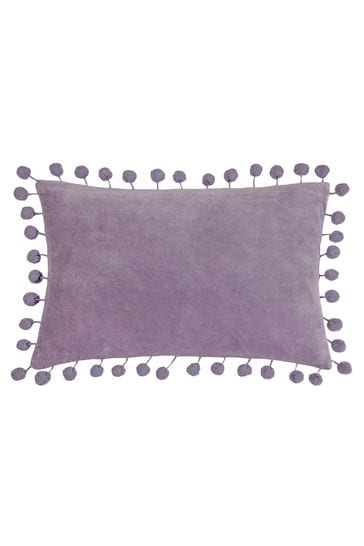 Furn. Lila Purple Dora Rectangular Cotton Velvet Pom Pom Cushion