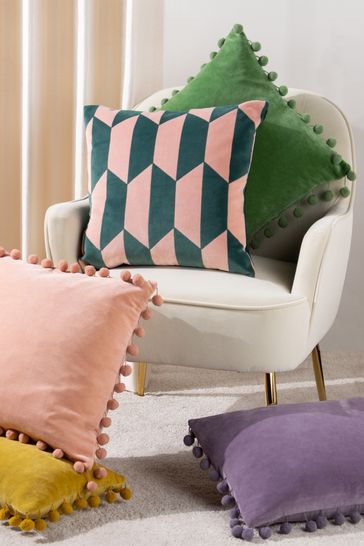 furn. Pink/Green Kalho Geometric Cotton Velvet Cushion