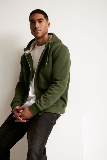 Buy Khaki Green Borg Fleece Zip Through Hoodie from Next Luxembourg