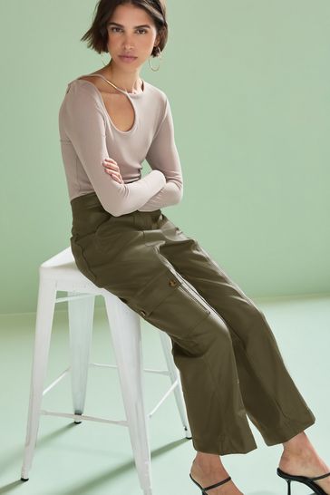 Buy Olive Green Faux Leather PU Cargo Trousers from Next Estonia