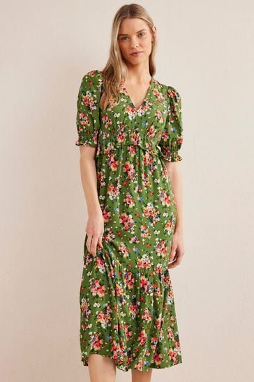 Boden Green Ruffle Detail Midi Tea Dress