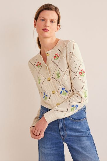Boden Cream Cotton Embroidered Cardigan