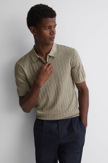 Reiss Taupe Ubud Half-Zip Textured Polo T-Shirt
