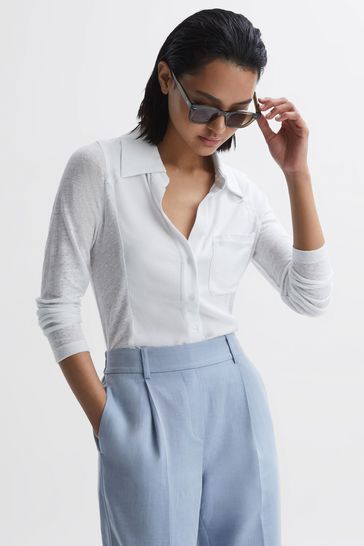 Reiss White Phillipa Linen Sheer Button Through Shirt