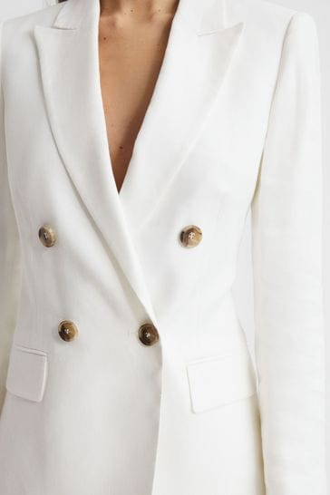 Reiss White Hollie Double Breasted Linen Blazer