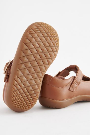 Tan Brown Leather Wide Fit G First Walker T Bar Shoes