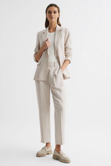 Buy Reiss Oatmeal Shae Taper Tapered Linen Trousers from Next Oman