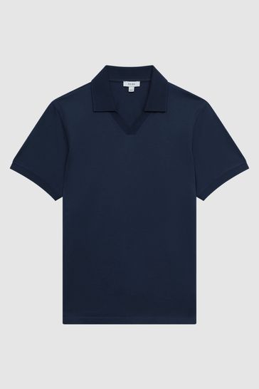 Blue polo shirt with white collar on sale