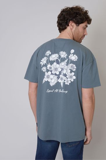 Threadbare Blue Oversized Graphic Print Cotton T-Shirt