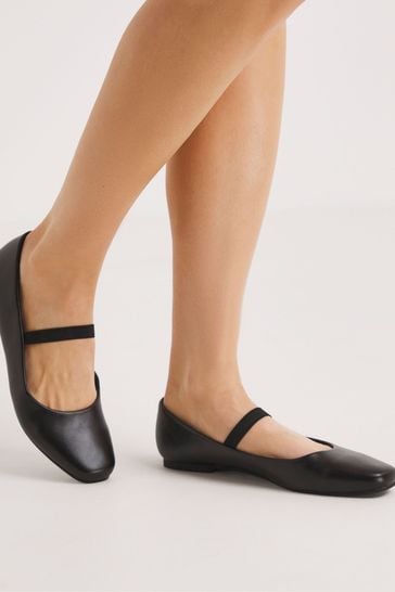 Simply Be Black Square Toe Eleanor Ballerinas In Wide Fit