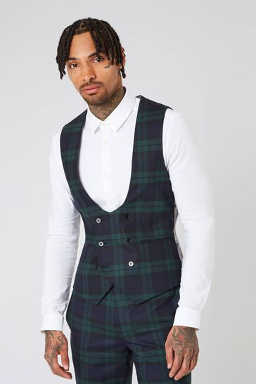 Twisted Tailor Green Skinny Fit Ginger Wool Tartan Waistcoat