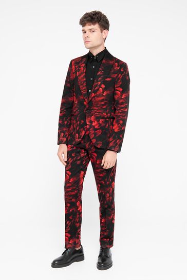 Twisted Tailor Red Skinny Fit Heron Floral Cotton Trousers
