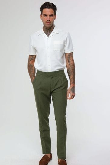 Harry Brown Green Decorate Cotton Linen Blend Trousers