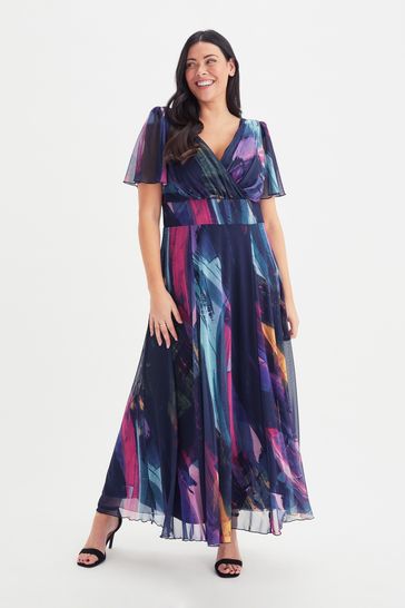 Scarlett & Jo Navy Blue & Purple Multi Brush Stroke Isabelle Angel Sleeve Maxi Dress