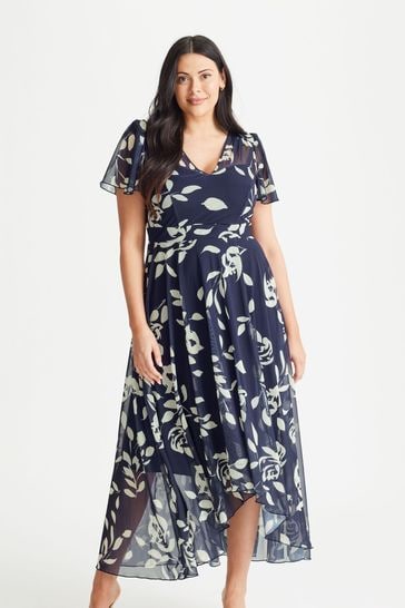 Buy Scarlett Jo Navy Blue Tilly Print Angel Sleeve Sweetheart Dress from Next Denmark