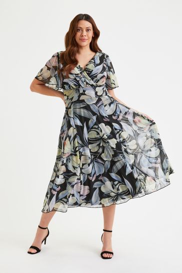 Scarlett & Jo Black Blue & Green Floral Victoria Angel Sleeve Mesh Midi Dress