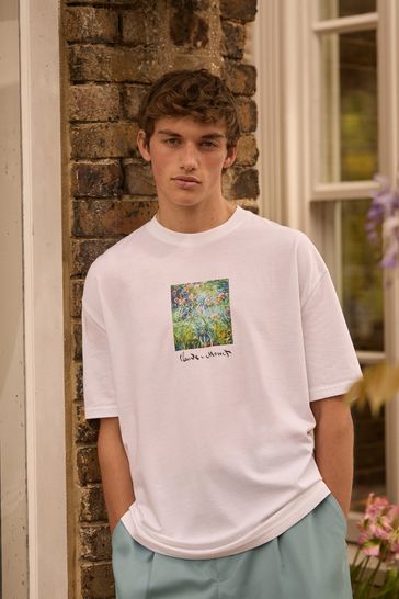 White Edit Floral Print Monet Graphic Artist 100 Cotton T Shirt