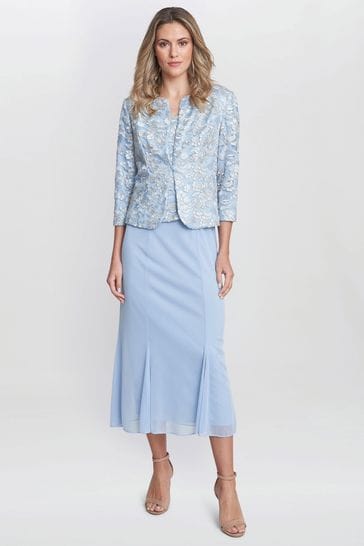 Gina Bacconi Blue Joyce Midi Dress With Embroidered Lace