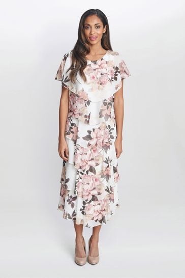 Gina Bacconi Alice Midi Printed Tiered White Dress With Shoulder Embellishment