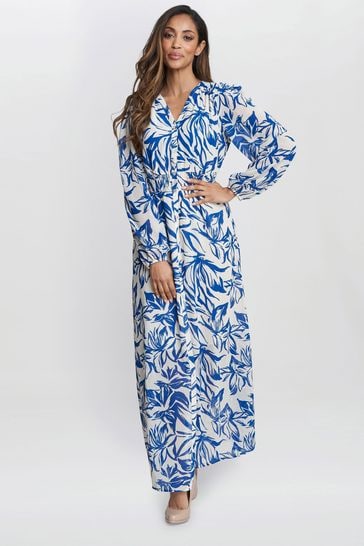 Gina Bacconi Blue Judy Button Neck Long Sleeve Dress