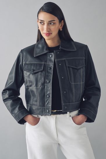 Buy Urban Code Leather Contrast Stitch Cropped Jacket from Next Bahrain