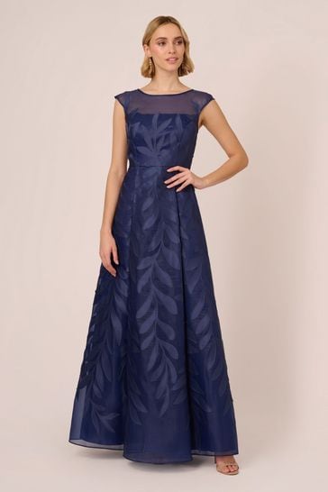 Adrianna Papell Blue Applique Organza Long Gown