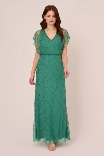 Adrianna Papell Green Beaded Blouson Long Dress