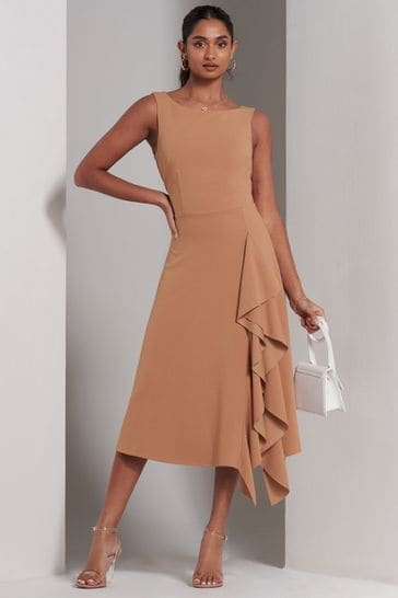 Jolie Moi Brown Haylen Frill Detail Midi Dress