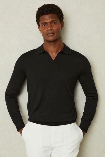 Buy Reiss Black Milburn Merino Wool Open Collar Polo Shirt from Next Bahrain