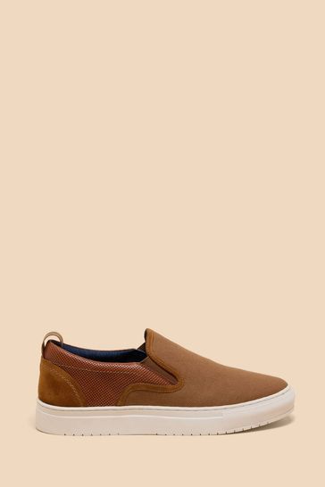 White Stuff Canvas Leather Mix Brown Slip-Ons