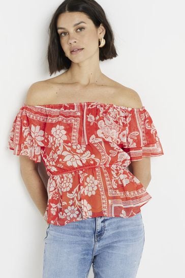 River Island Red Ruffle Frill Bardot Top