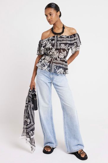 Buy River Island Black Ruffle Frill Bardot Top from Next Netherlands