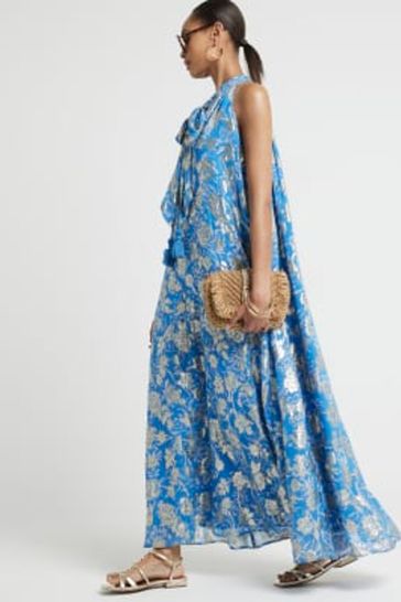Buy River Island Blue Halter Metallic Trapeze Dress from Next Denmark
