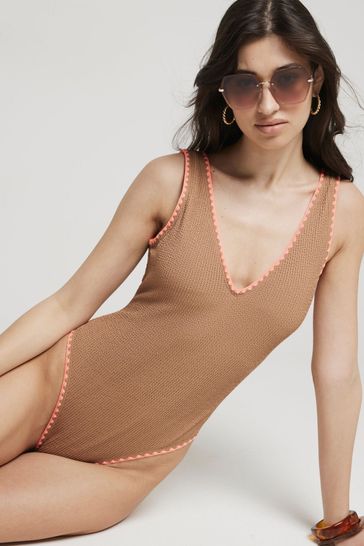 River Island Brown Textured Whipstitch Swimsuit