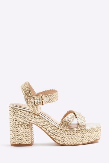 River Island Gold Cross Strap Platform Sandals