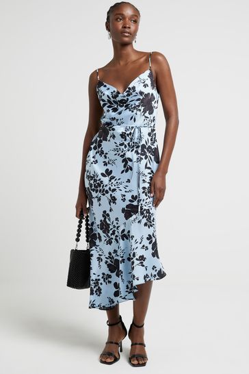 Buy River Island Blue Floral Asymmetric Midi Slip Dress from Next Bahrain