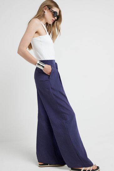 Blue and white striped wide leg trousers clearance