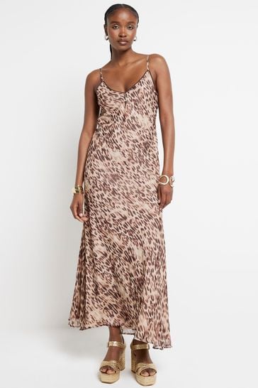 River Island Brown Embellished Leopard Print Slip Dress