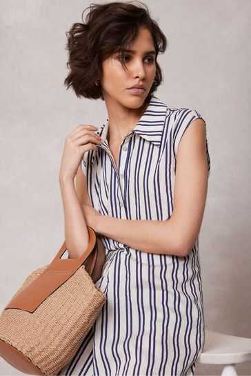 Mint Velvet White Striped Twist Midi Dress With Linen