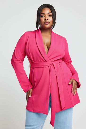 Yours Curve Pink Limited Rounded Lapel Tie Waist Blazer