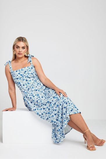 Yours Curve White LIMITED COLLECTION Curve Blue Floral Print Bow Strap Midaxi Dress