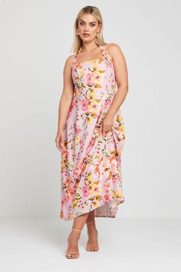 Yours Curve Pink Limited Collection Floral Print Halter Neck Midaxi Dress