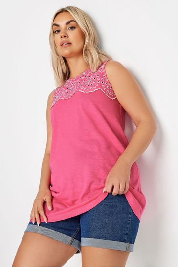 Yours Curve Pink Broderie Anglaise Detail Vest Top