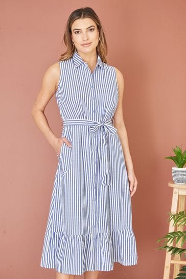 Yumi Blue Striped Sleeveless Midi Shirt Dress