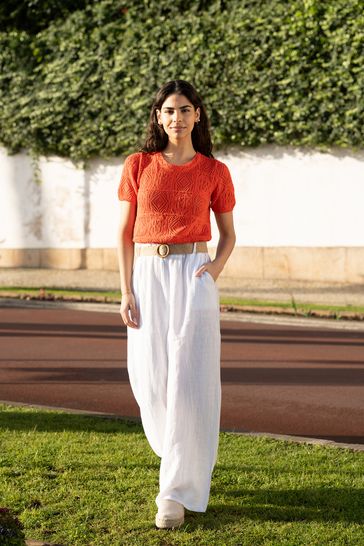 Yumi White Italian Linen Wide Leg Trousers With Belt