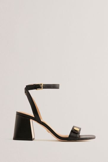 Ted Baker Milliiy Mid Block Heel Black Sandals With Signature Coin