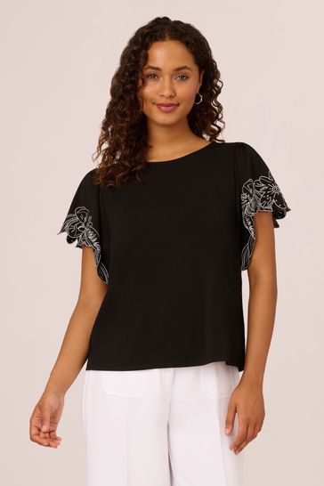 Adrianna Papell Solid Knit Black Top With Embroidered Trim Short Flutter Sleeves