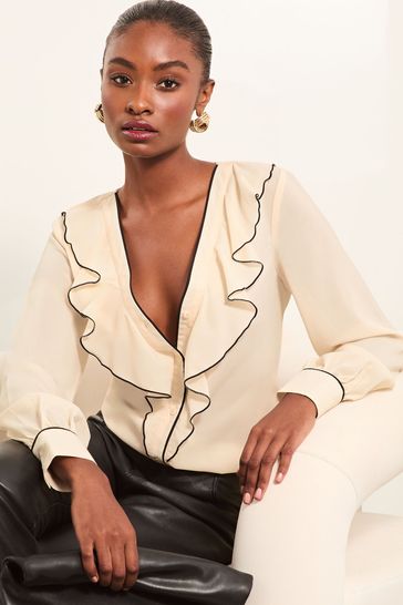 Buy Lipsy Ivory White Tipped V Neck Ruffle Long Sleeve Blouse from Next Kuwait